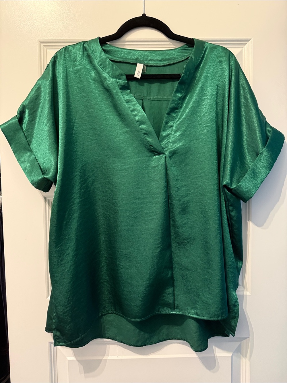 glam Emerald Satin V-Neck Short Sleeve Blouse